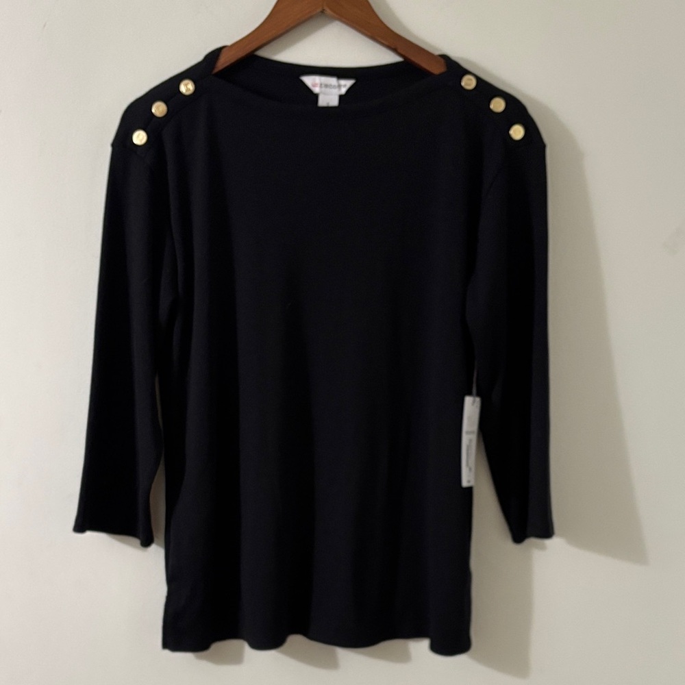 Liz Claiborne Winter Weekend 3/4 Sleeve Black Top Boat Neck Size S NWT